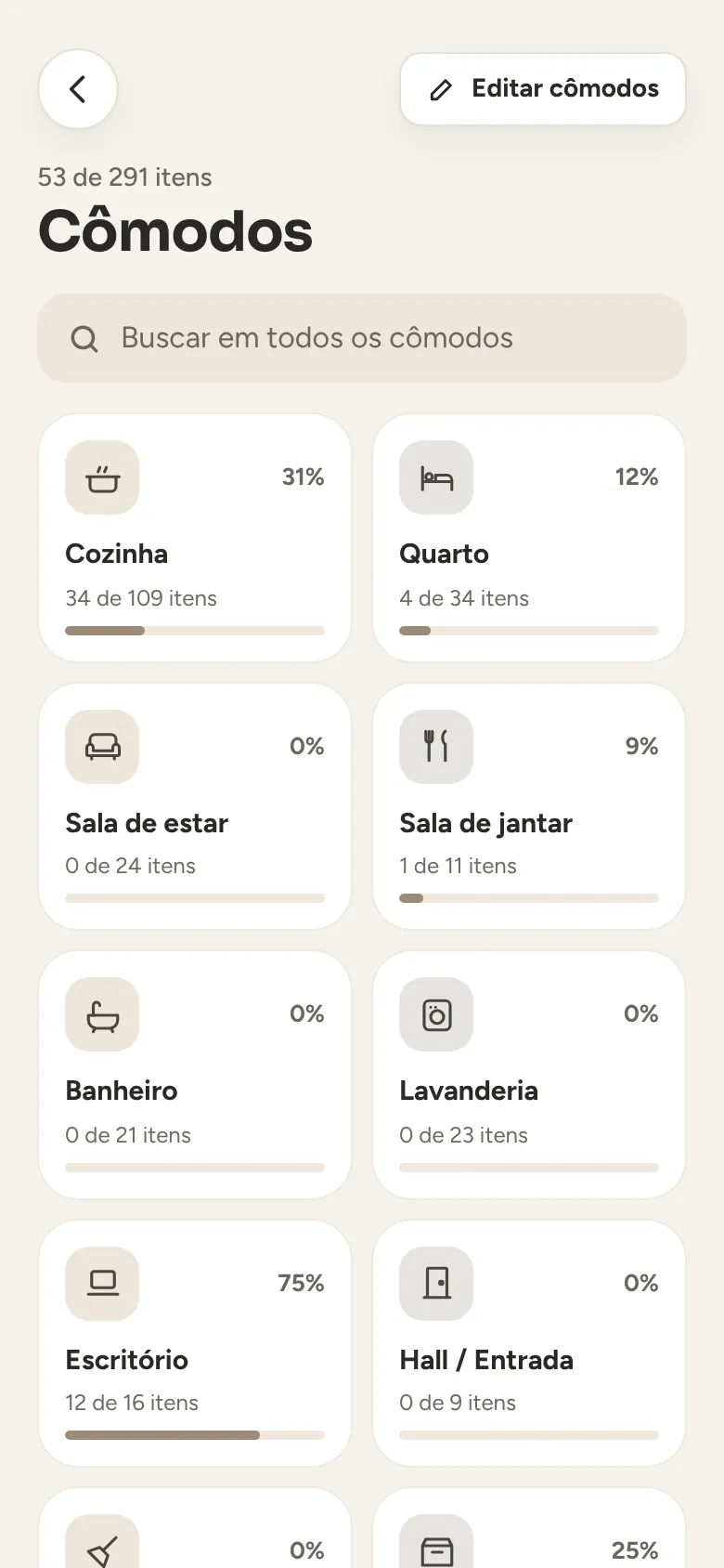 Lista de cômodos da casa no Cozily